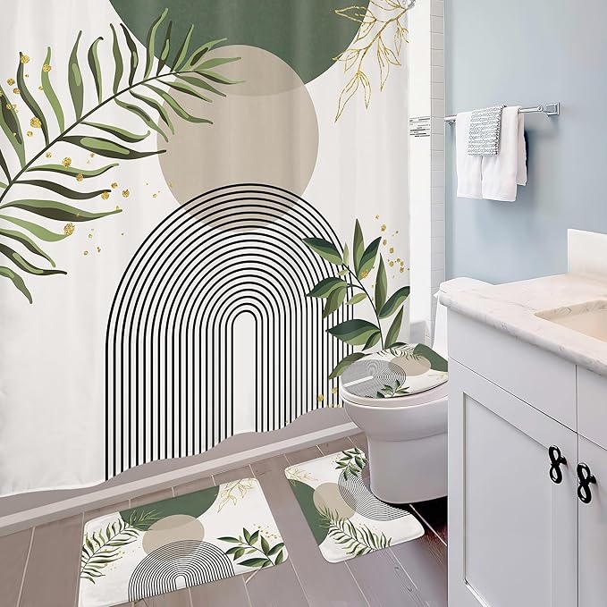4 PCS Green Boho 72Wx72H Shower Curtain Set Abstract Gold Grey Modern - Image 3