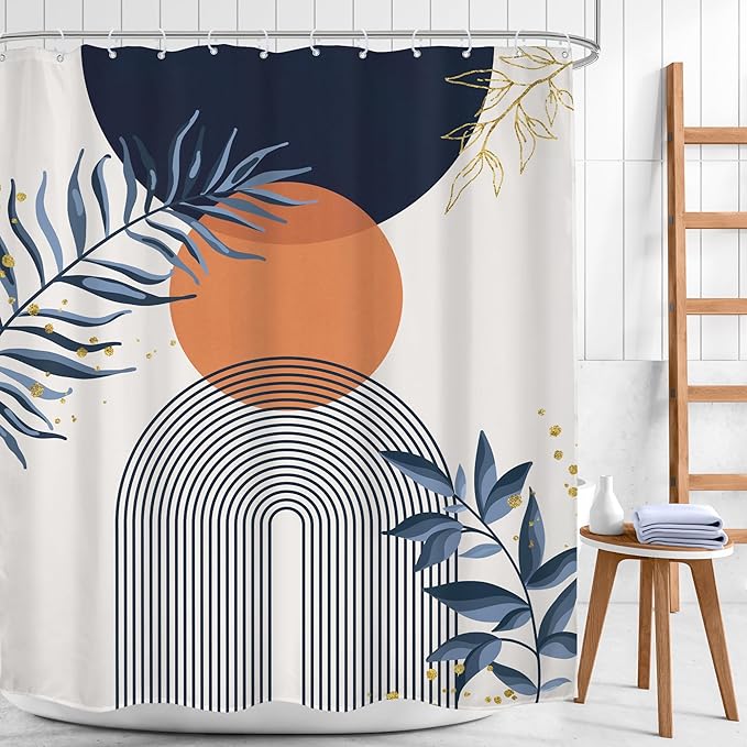 Navy Blue Boho Shower Curtain 60Wx72H Modern Abstract Bohemian Blue Gold Leaves - Image 2