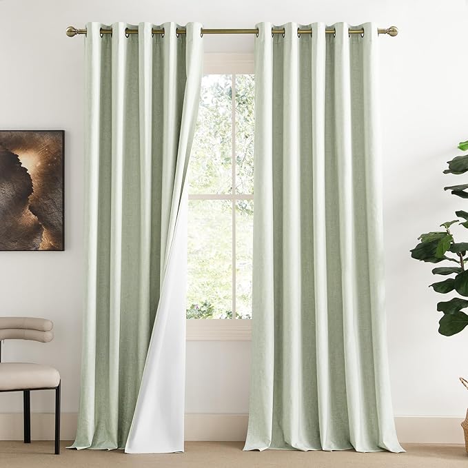 NICETOWN 100% Blackout Sage Green Linen Curtains 90" Length by NICETOWN
