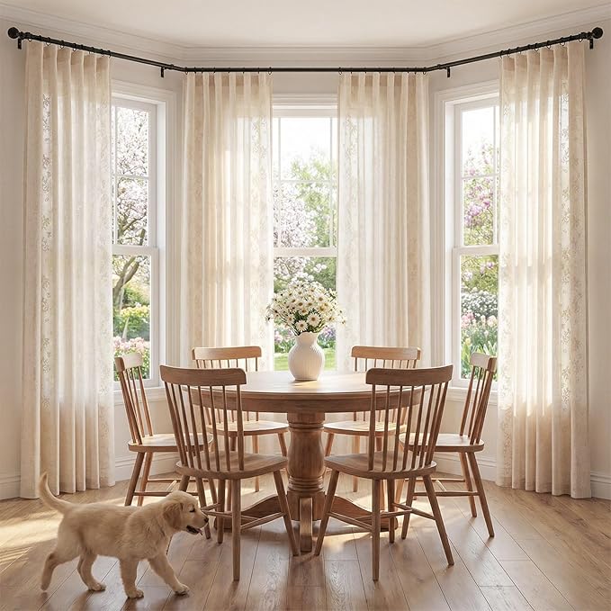 jinchan Evelyn Embroidered Linen Curtains Ivory Farmhouse Floral Window Drapes - Image 3