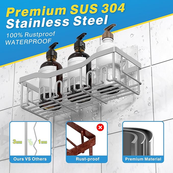 EUDELE 5-Pack Rustproof Stainless Steel Shower Caddy Set– No Drill Adhesive - Image 5