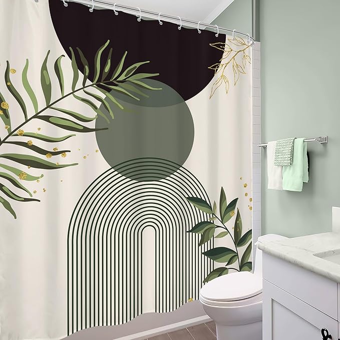 Dark Green Boho Shower Curtain 60Wx72H Black Green Modern Bohemian Mid Century - Image 4