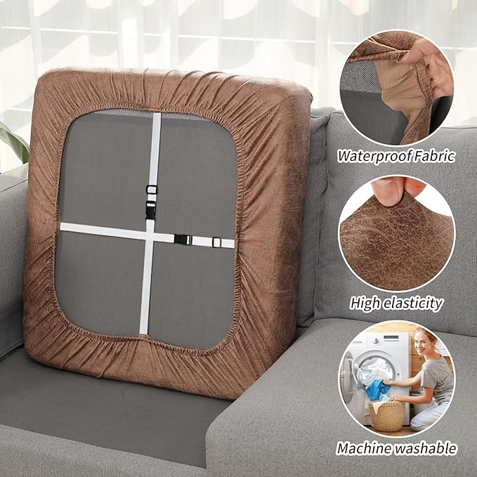 Fuloon Stretch Seat Cushion Covers, Suede Leather Look Sofa Slipcovers Couch - Image 5