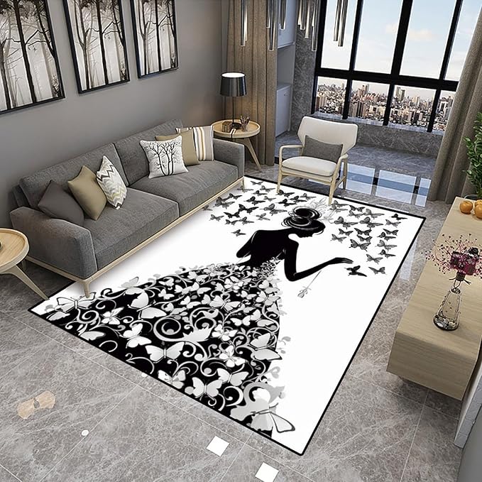 Pile Carpet - Girl with Butterflies Printed Patterns Washable Area Rugs Fade - Image 4