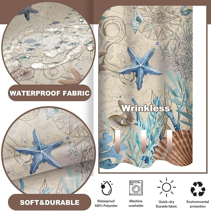 No Hook Shower Curtain with Snap in Liner, Beach Ocean Nautical Coastal Shower - Image 4