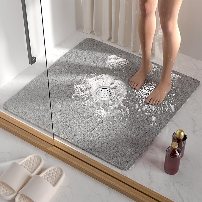 Square Shower Mat, Soft PVC Loofah Bath Mat Without Suction Cups by LYGLIGH