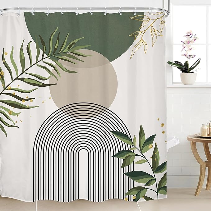 Sage Green Boho Shower Curtain 72Wx78H Modern Abstract Green Gold Leaves by MitpokBrand