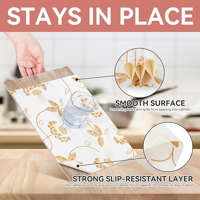 RAY STAR Shelf Liner, 18 Inch x 8 Feet Non Adhesive Golden Leaves Floral - Image 3