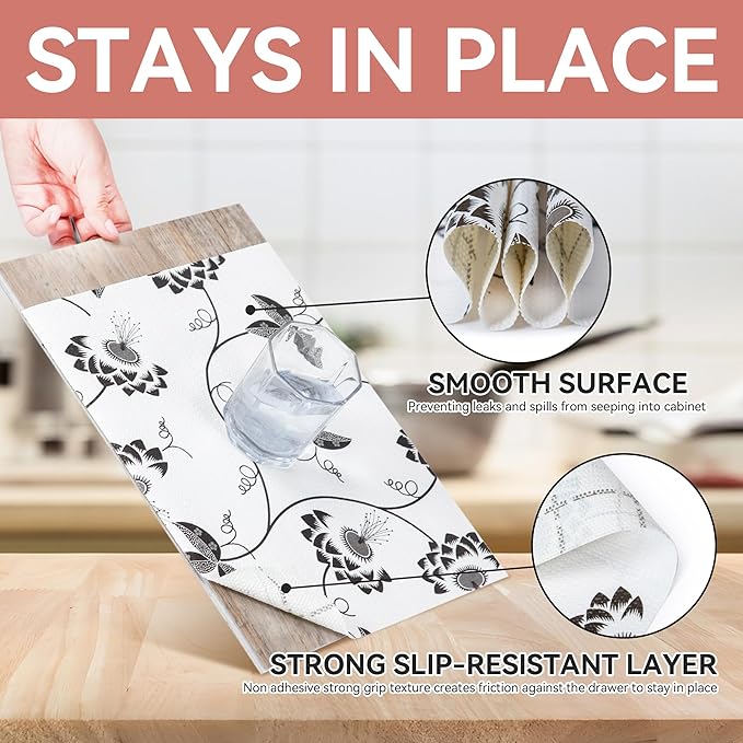 RAY STAR Shelf Liner, Non Adhesive Black Leaves Floral Cabinet Liner - Image 4