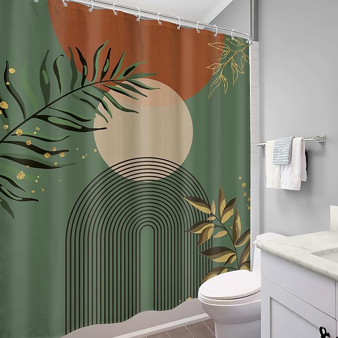 Boho Dark Green Shower Curtain 60Wx72H Abstract Bohemian Mid Century Minimalist - Image 4