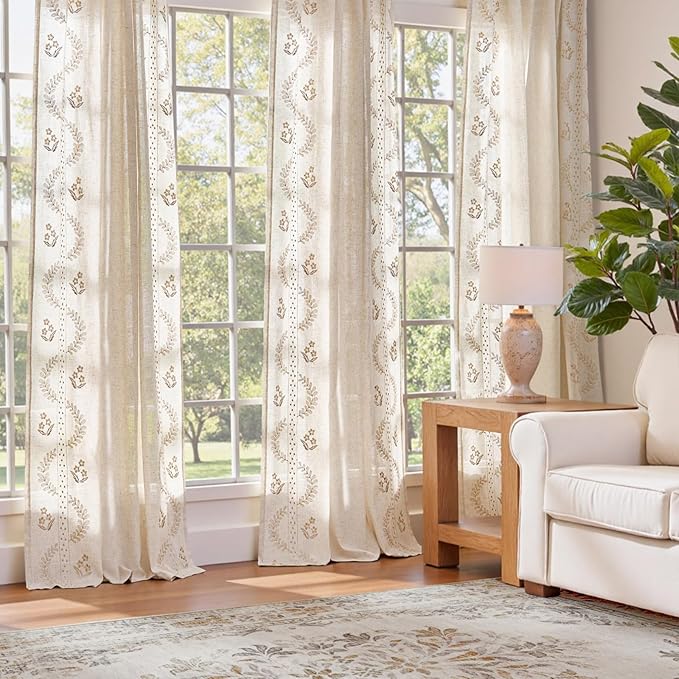 jinchan Belrose Linen Curtains for Bedroom Floral Curtains 90 Inch Length Linen - Image 3