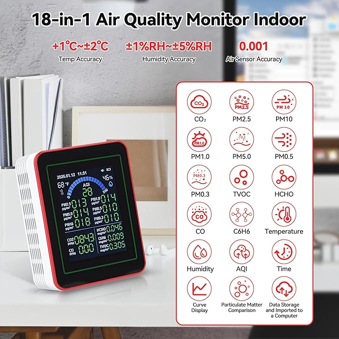 18-in-1 Smart Air Quality Monitor, Air Quality Detector Real-Time - Image 2