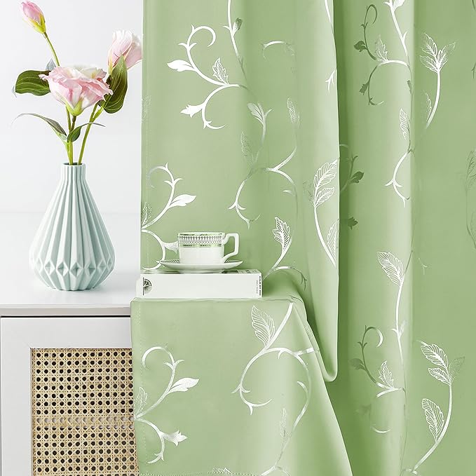 BUHUA Blackout Curtains Silver Foil Print Flower Vine Grommet Drapes, Room - Image 4