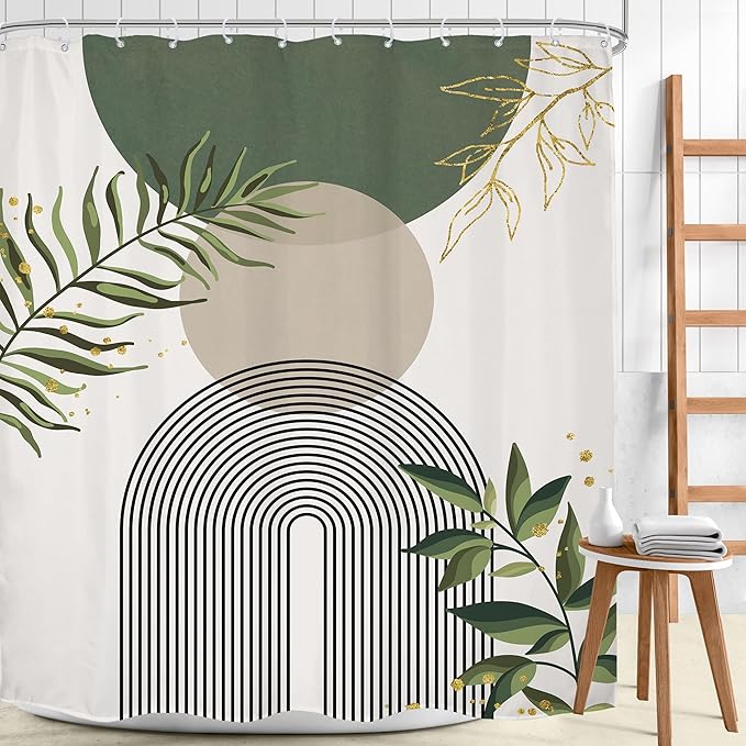Green Boho Shower Curtain Extra Long Modern Abstract Bohemian Green Gold - Image 2