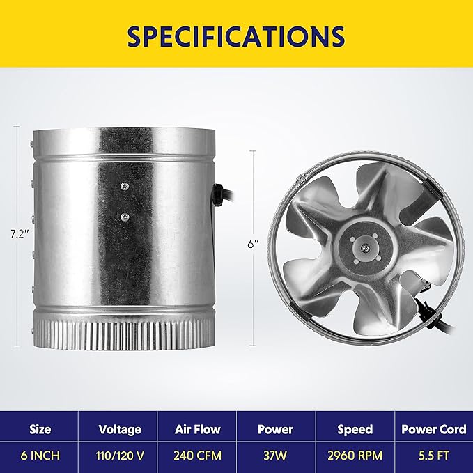 iPower 6 Inch 240 CFM Booster Fan Inline Duct Vent Blower - Image 3