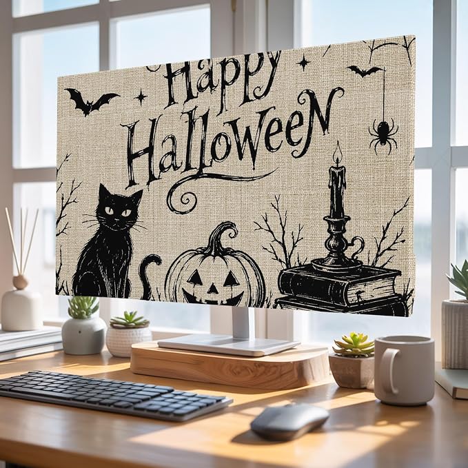Happy Halloween Black Cat Smile Pumpkins Indoor TV Cover, Elastic TV Screen - Image 5