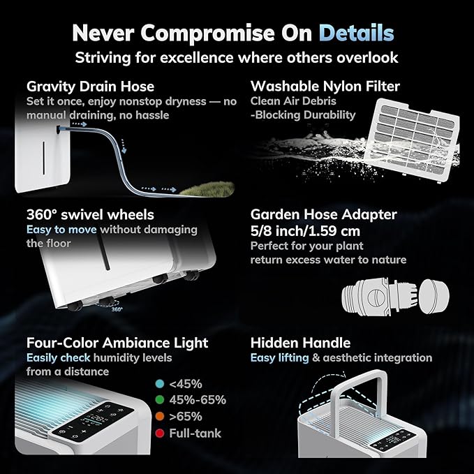 3500 Sq.Ft Basement Dehumidifier, AEOCKY Max 50 Pint/D Drain Hose Dehumidifier - Image 7