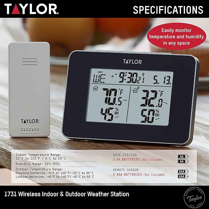 Taylor Wireless Digital Indoor Outdoor Thermometer and Hygrometer, Weather - Image 4