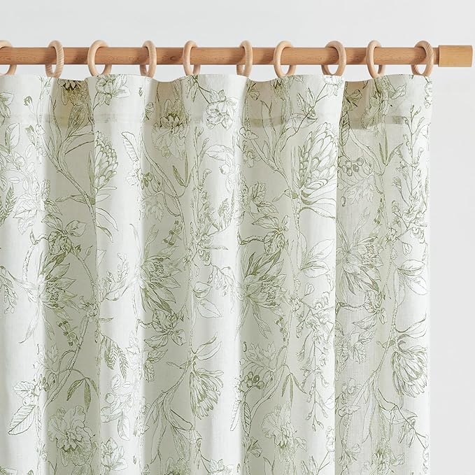 jinchan Floral Curtains 96 Inches Long Sage Green Flower Linen Farmhouse Curtain by JINCHAN
