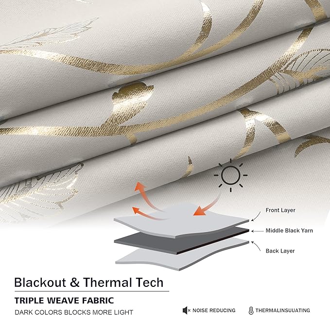 BUHUA Blackout Curtains Gold Foil Print Flower Vine Grommet Drapes, Room - Image 5