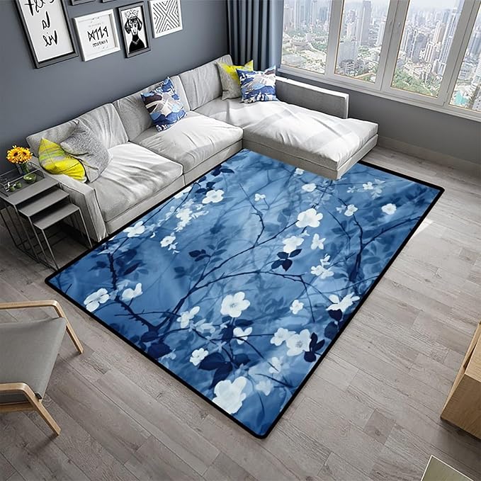 Blue Watercolor Floral Pile Carpet - Image 2
