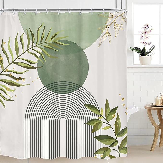 Sage Green Boho Shower Curtain 72Wx78H Modern Bohemian Abstract Leaves Olive by MitpokBrand