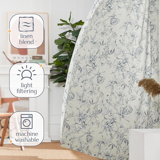 jinchan Floral Curtains 108 Inch Length Blue Flower Linen Farmhouse Curtain - Image 8