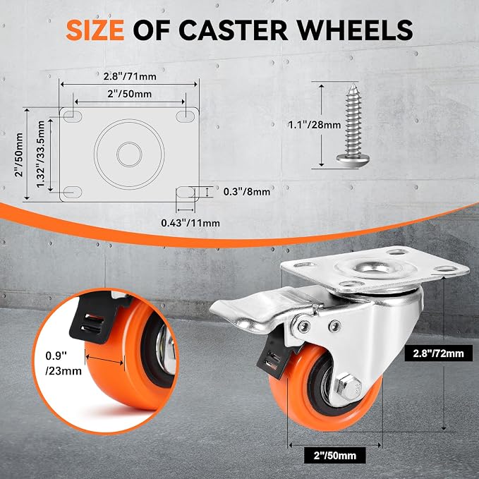 W B D WEIBIDA 2" Plate Caster Wheels Heavy Duty 600 Lbs Load Capacity Swivel - Image 2