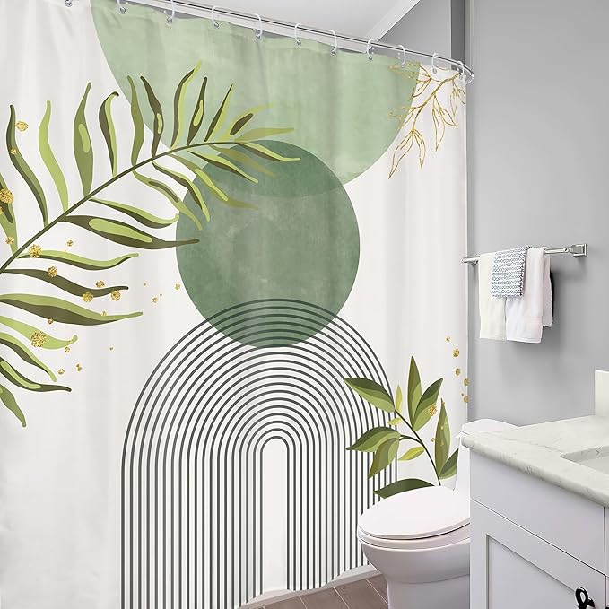 Sage Green Boho Shower Curtain 72Wx78H Modern Bohemian Abstract Leaves Olive - Image 4