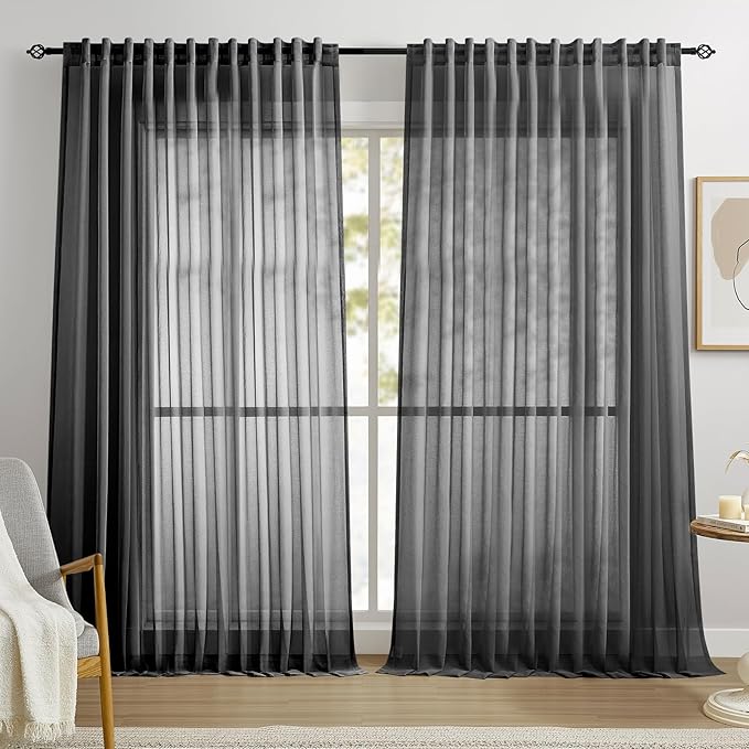 Dreaming Casa Black Sheer Curtains 102 Inches Long, Rod Pocket & Back Tab Light by DreamingCasa