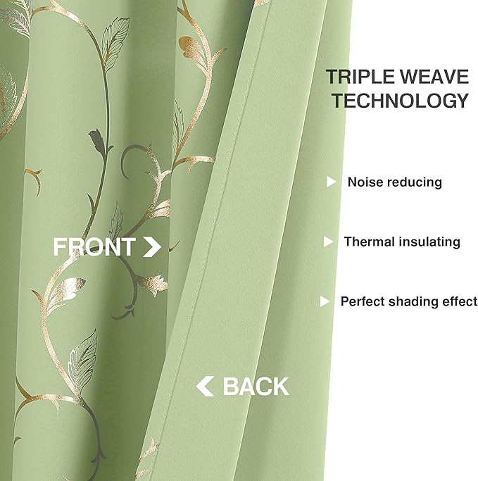 BUHUA Blackout Curtains Gold Foil Print Flower Vine Grommet Drapes, Room - Image 5