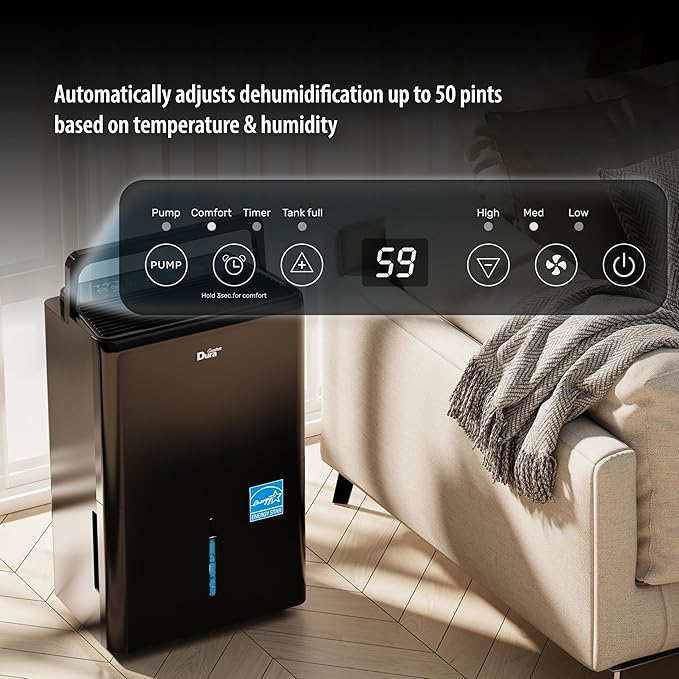 DuraComfort 50 Pint Dehumidifier, Built-in Pump, 4500 Sq Ft Coverage, Energy - Image 6
