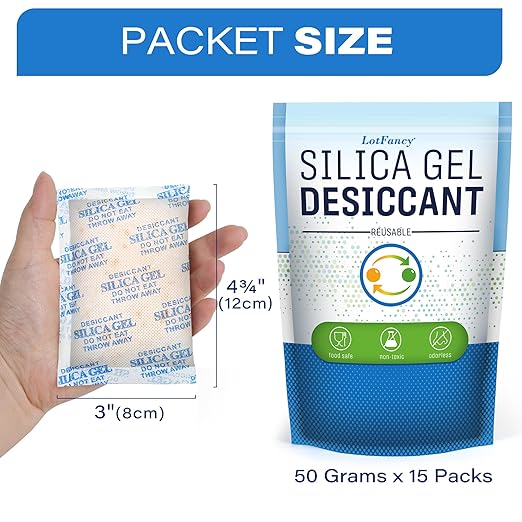 LotFancy Silica Gel Packets, 50 Gram 15 Packs Rechargeable Desiccant Packs - Image 3