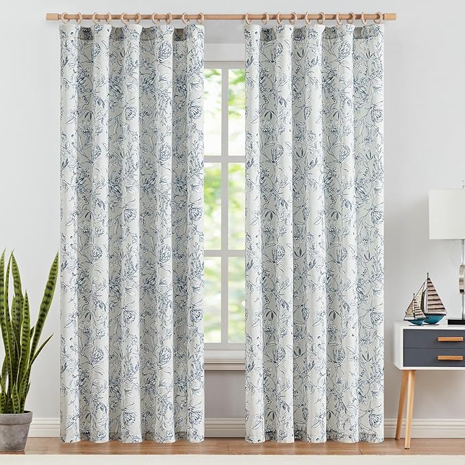 jinchan Floral Curtains 90 Inch Length Blue Flower Linen Farmhouse Curtain - Image 2