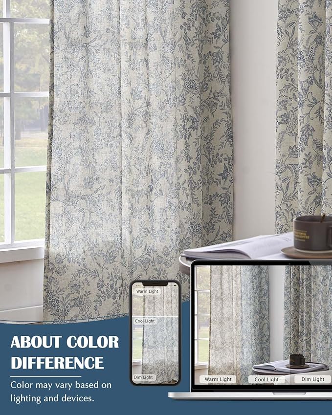 Vangao Lined Linen Curtains for Bedroom Floral Curtains 96 Inches Long Blue - Image 8