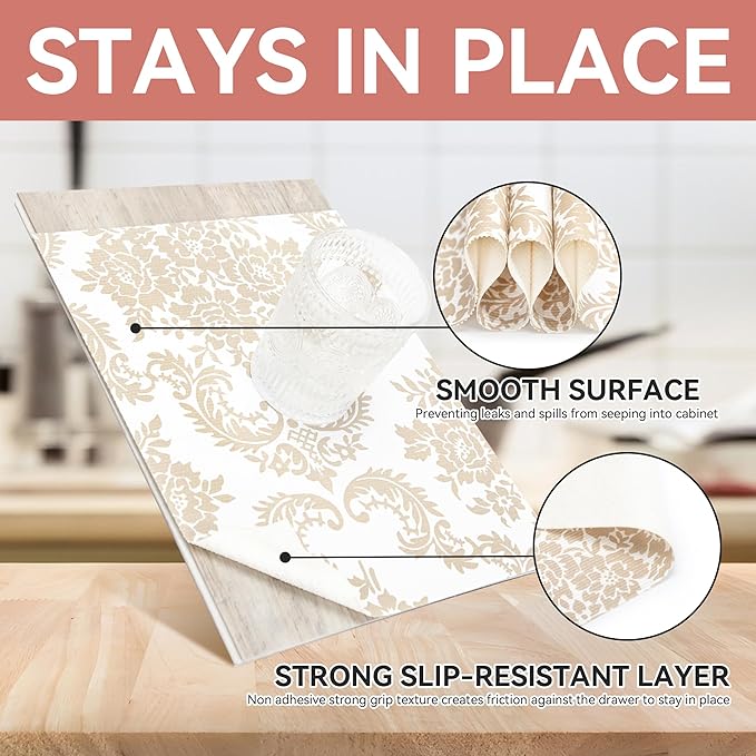 RAY STAR Shelf Liner, Non Adhesive Golden Damask Floral Cabinet Liner - Image 3