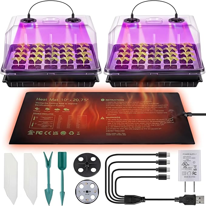 2 Sets Seed Starter Tray with Grow Light & Heat Mat, 40-Cell Seed Starter Kit by Saillong