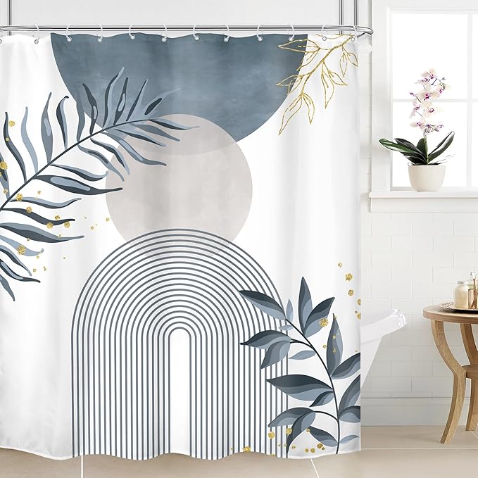 Blue Gray Boho Shower Curtain 60Wx72H Abstract Grey Bohemian Modern Leaves Mid by MitpokBrand