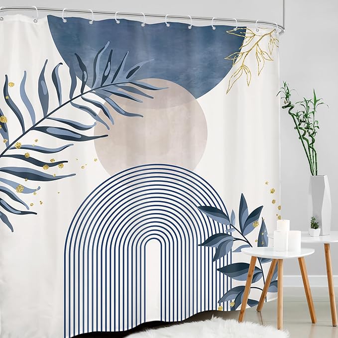 Navy Blue Boho Shower Curtain 72Wx78H Grey Modern Bohemian Abstract Leaves - Image 3