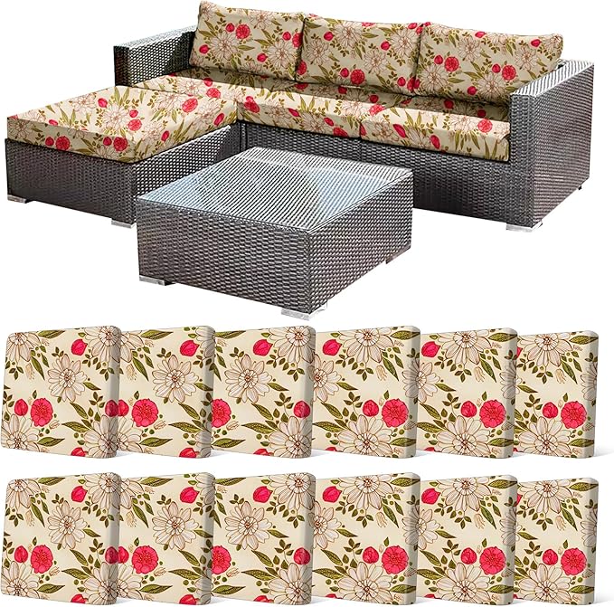 12Pcs Stretch Patio Cushion Cover, Floral Couch & Sofa Slipcovers by CALBODE