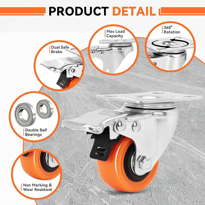 W B D WEIBIDA 2" Plate Caster Wheels Heavy Duty 600 Lbs Load Capacity Swivel - Image 4