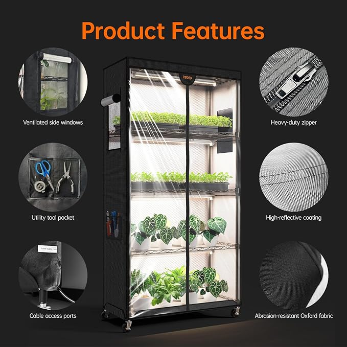 Bstrip Indoor Greenhouse with Grow Light, Plant Stand with 4 Pack 24W Full - Image 5