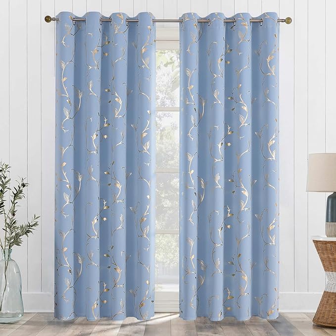 BUHUA Blackout Curtains Gold Foil Print Flower Vine Grommet Drapes, Room - Image 7