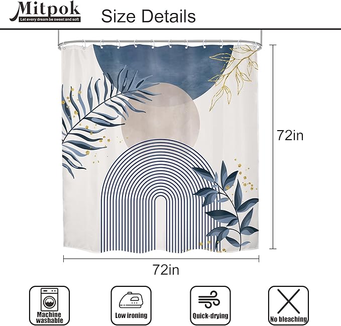 4 PCS Navy Blue Gray Boho 72Wx72H Shower Curtain Set Modern Mid Century Plant - Image 4
