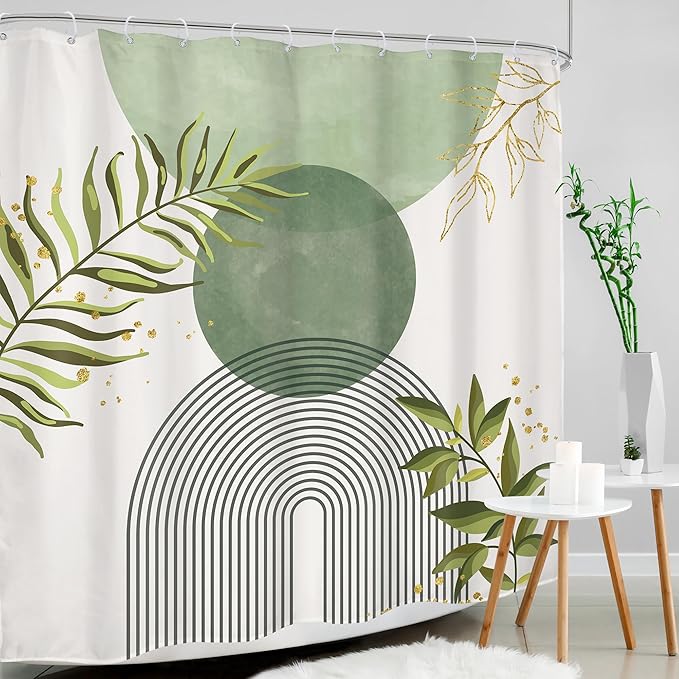 Sage Green Boho Shower Curtain 72Wx72H Modern Abstract Bohemian Leaves - Image 3