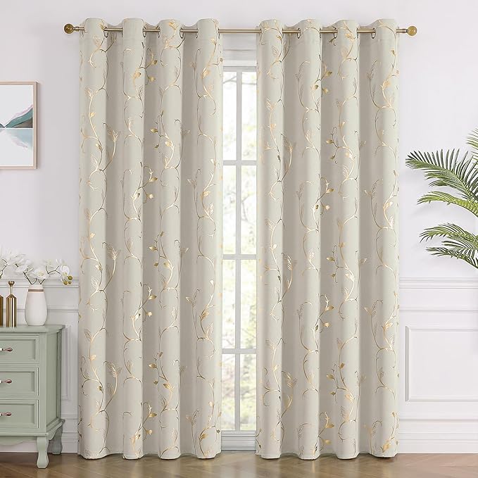 BUHUA Blackout Curtains Gold Foil Print Flower Vine Grommet Drapes, Room - Image 2
