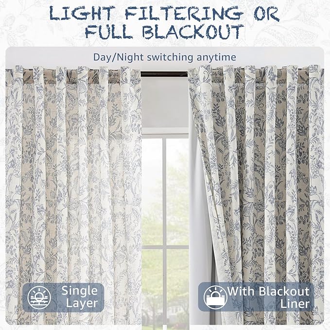 Vangao Linen Curtains with Detachable Blackout Liners Floral Curtains - Image 5