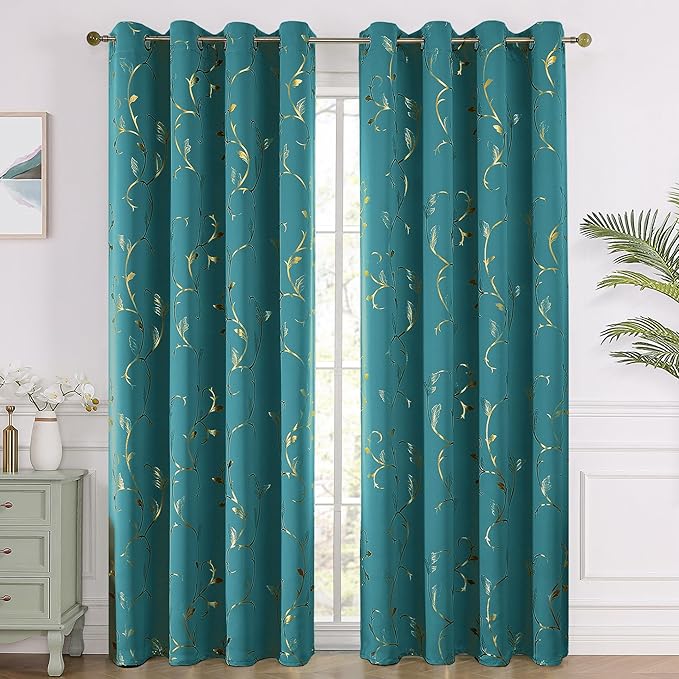 BUHUA Blackout Curtain 2 Panel Set Silver Vine Foil Print Thermal Insulated - Image 2