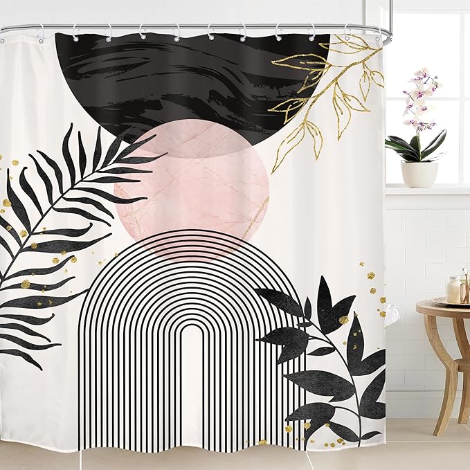 Black Pink Boho Shower Curtain Mid Century Modern Abstract Bohemian Minimalist by MitpokBrand