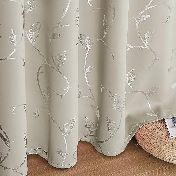 BUHUA Blackout Curtains Silver Foil Print Flower Vine Grommet Drapes, Room - Image 7